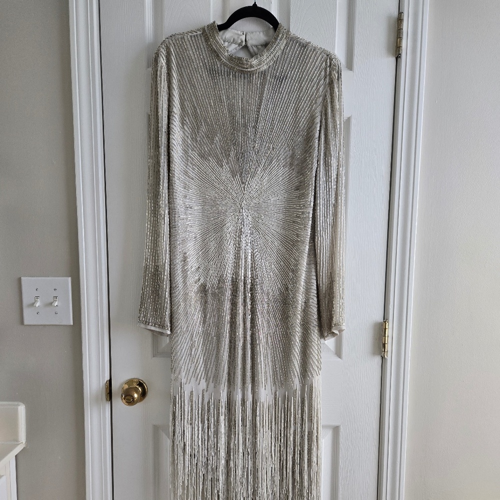 ASOS Beaded Long-Sleeve Open Back Asymmetrical Fringe Dress